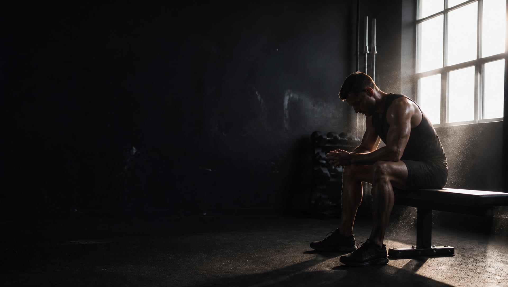 Atleta descansando no banco após o treino em academia iluminada por janela