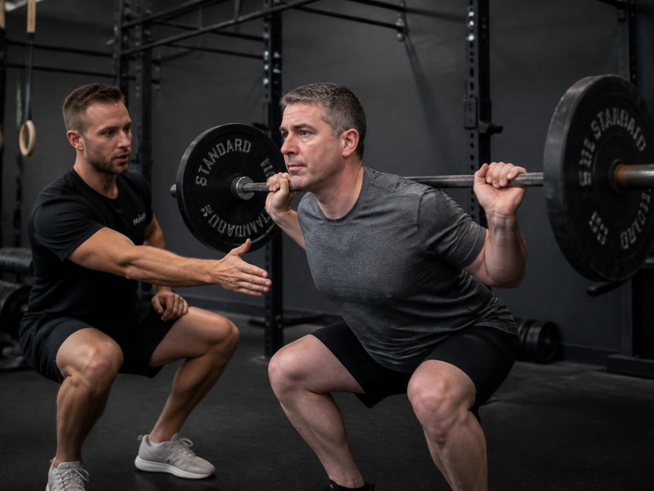 Personal trainer corrigindo agachamento de aluno